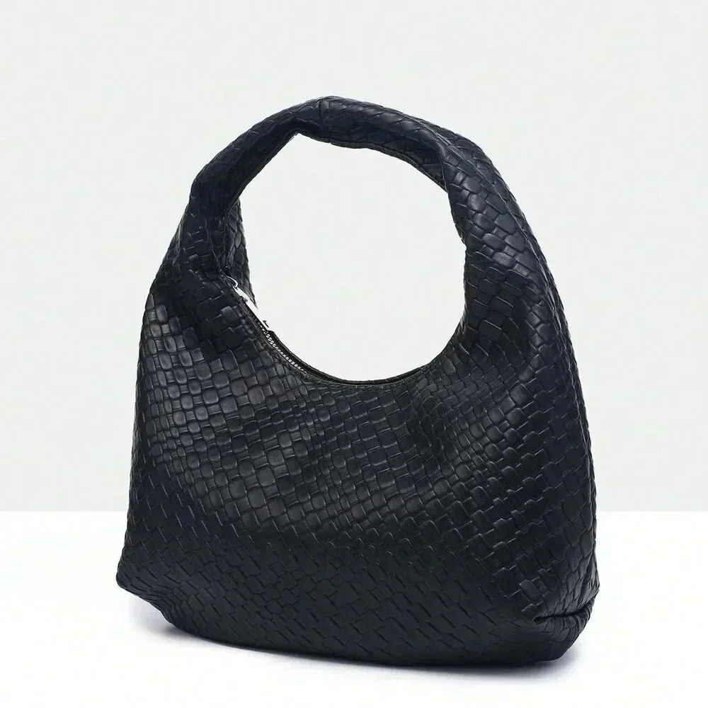 Black Casual Women's Leisure Faux Woven Leather Shoulder Bag